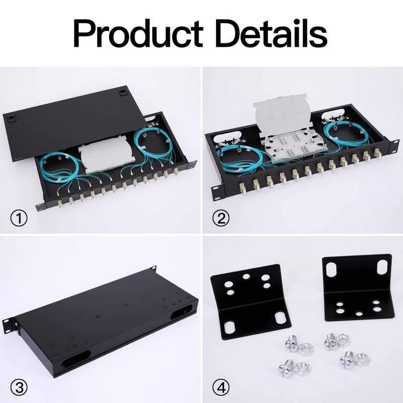 GESD LC-OM3 12 Duplex 24 Port Fiber Enclosure Rack Mount Fiber Box MultiMode LC-UPC Kit 1 RU Fits 19" Racks Cabinet (Include 2Pcs Splice Trays 48 Strand OM3 Pigtail 1M Cables Spool+LGX Loaded Patch Panel - Image 3